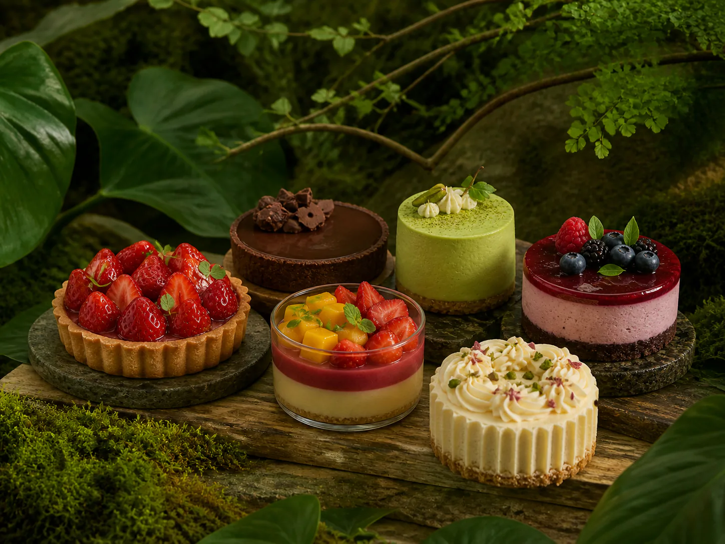 フルーツタルト、ムース、ケーキの盛り合わせ